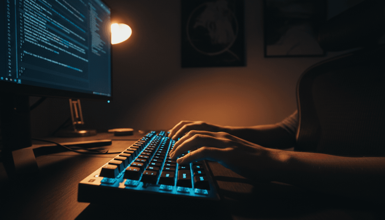 Developer hands typing on keyboard with code on monitor