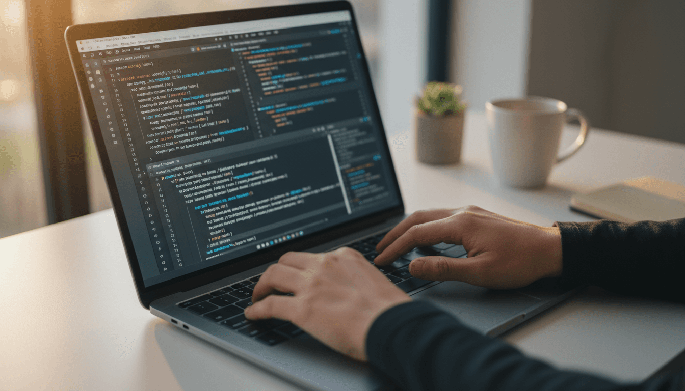 Developer coding infrastructure automation at laptop with code editor windows