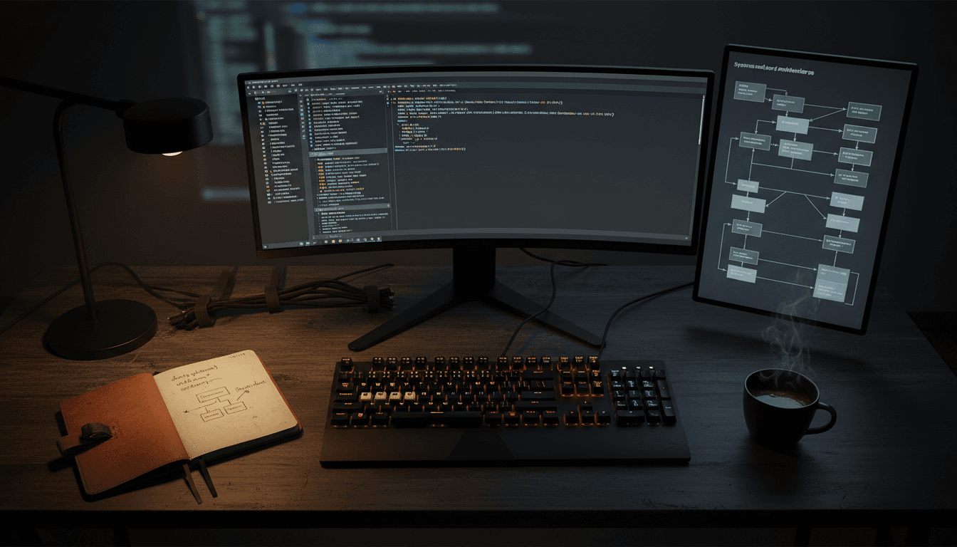 Software engineer's workspace with infrastructure code displayed on monitors